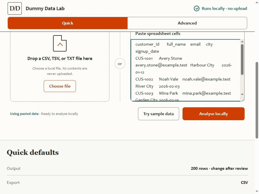 Dummy Data Lab Quick mode transforming sample data